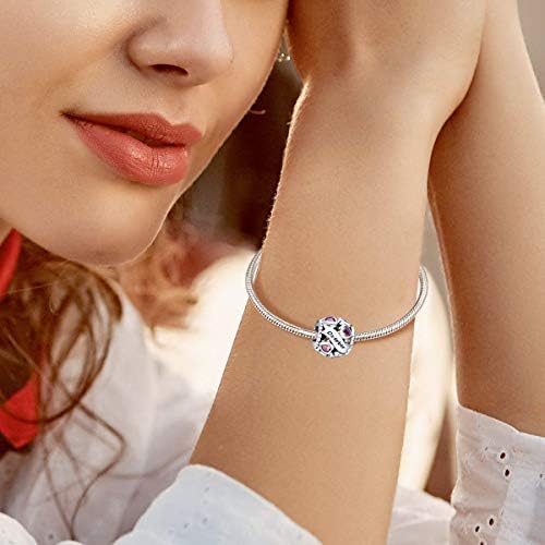 Birthstone Charms 925 Sterling Silver Love Heart Openwork Bead for Charm Bracelets