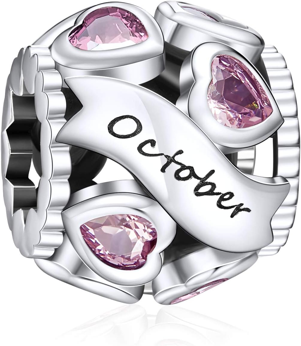 Birthstone Charms 925 Sterling Silver Love Heart Openwork Bead for Charm Bracelets